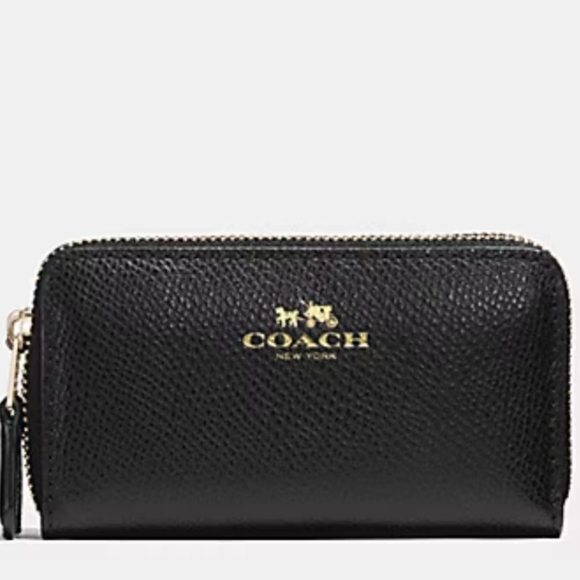 Coach Cross Grain Leather Double Zip Coin Case Black Light Gold Tone Hdwr NWT - Picture 15 of 15